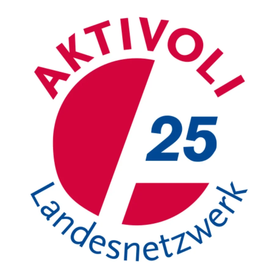 Bild zeigt in den Farben rot, blau, weiß das Logo des "Aktivoli Landesnetzwerks Hamburg" mit einer integrierten Zahl "25". ".
