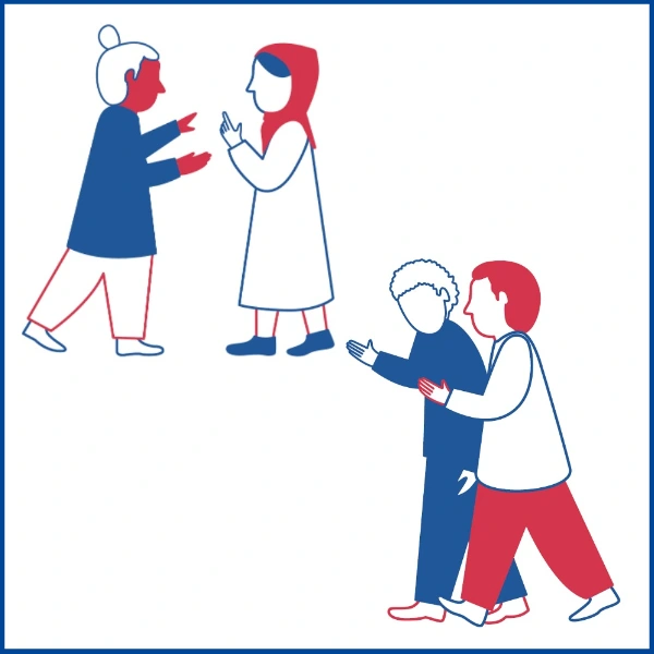 Das Bild zeigt oben links zwei skizzierte Menschen, die sich gegenüberstehen und mietender sprechen. Unten links sind zwei weitere skizzierte Menschen zu sehen, die nebeneinander gehen und sich unterhalten.