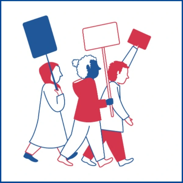 Das Bild zeigt drei skizzierte Menschen, die mit Schildern von links nach rechts durch das Bild gehen. Wie auf einer Demonstration.