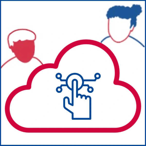 Das Bild zeigt eine skizzierte Wolke. In der Mitte der Wolke ist eine skizzierte Hand. Der Zeigefinger der Hand betätigt eine Taste (einschalten). Links und rechts oberhalb der Wolke, sind zwei skizzierte Menschen zu sehen.