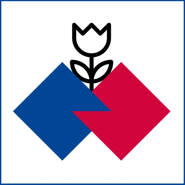 Das Bild zeigt zwei Quadrate in blau und in rot, die ineinander verzahnt sind. Symbol für Ehren- und Hauptamt. Aus der Mitte entspringt eine skizzierte Tulpe.