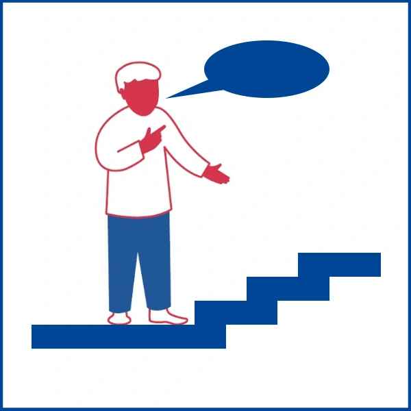 Das Bild zeigt einen skizzierten Menschen, eine Sprechblase und ein paar Stufen einer Treppe, die aufwärts führt.