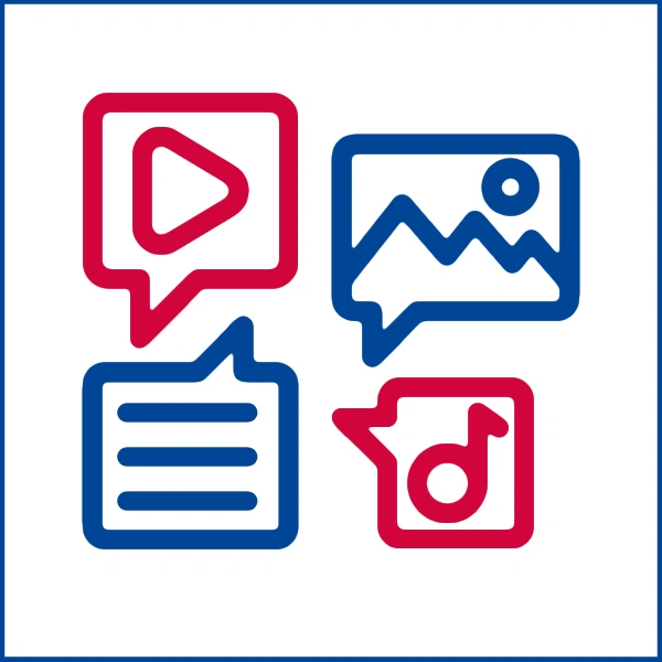 Das Bild zeigt vier Piktogramme, Symbole für: Video, Audio, Bild, Text.