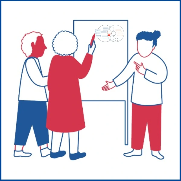 Drei skizzierte, menschliche Figuren stehen vor einem Flipchart und diskutieren. Auf dem Plipchart ist ein Organigramm zu sehen.